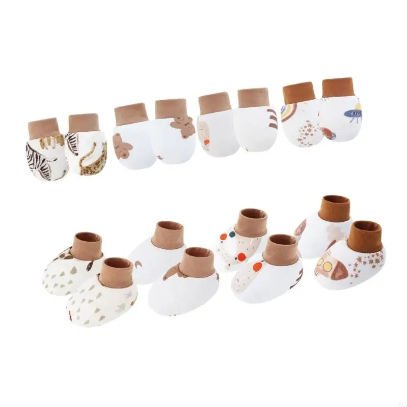 Conjunto C5AA 4 luvas algodão infantil Anti Scratch Tampa mão macia Luvas e meias quentes respiráveis ​​para 0-6m