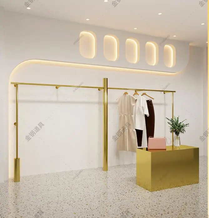 Clothing store display shelf wall hanging floor stainless steel titanium gold hanging clothes shelf women's store display shelve