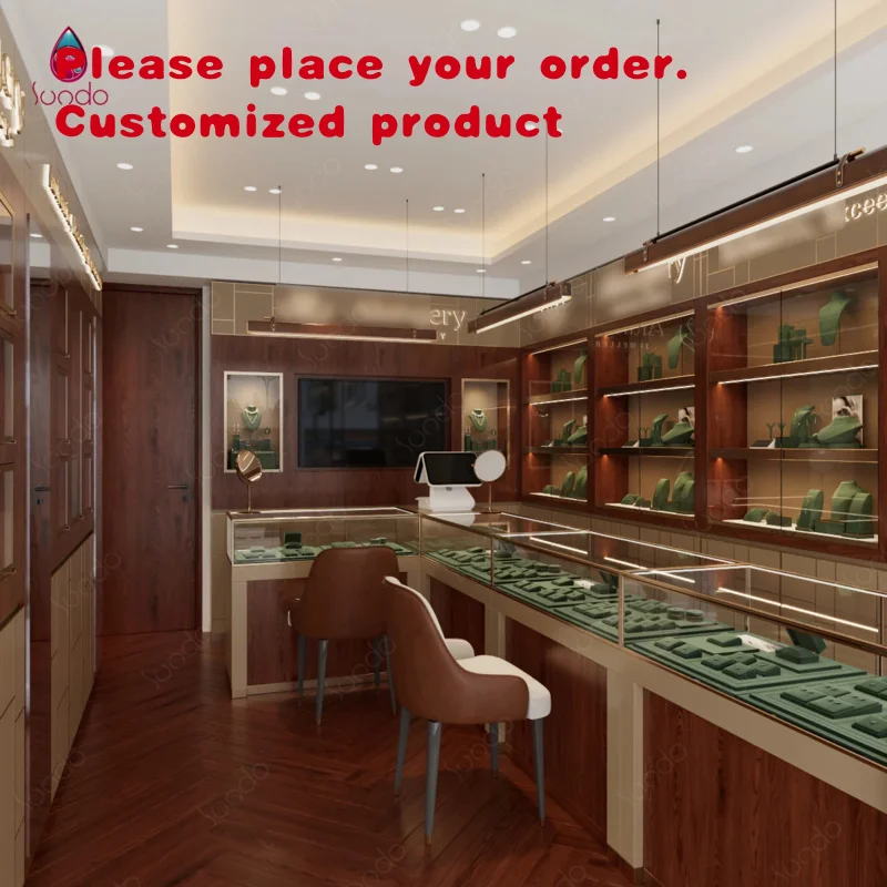 custom.Sundo Custom Luxury Jewelry Store Interior Design Walnut Wood Gold LED Glass Display Showcase Counter Shop Fitout Furnitu