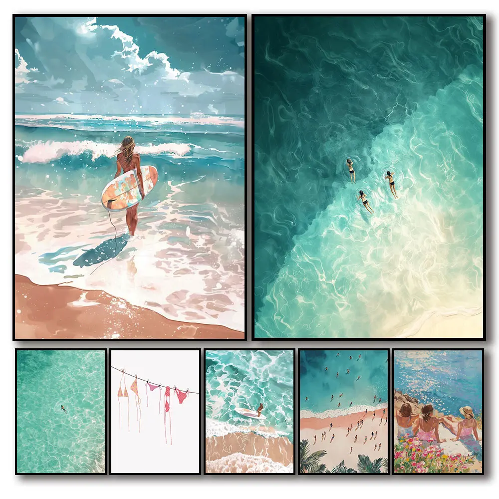 الشاطئ الأزرق الساحلية السباحة المشارك قماش طباعة اللوحة بيكيني جدار الفن غرفة نوم دراسة غرفة المعيشة ديكور المنزل