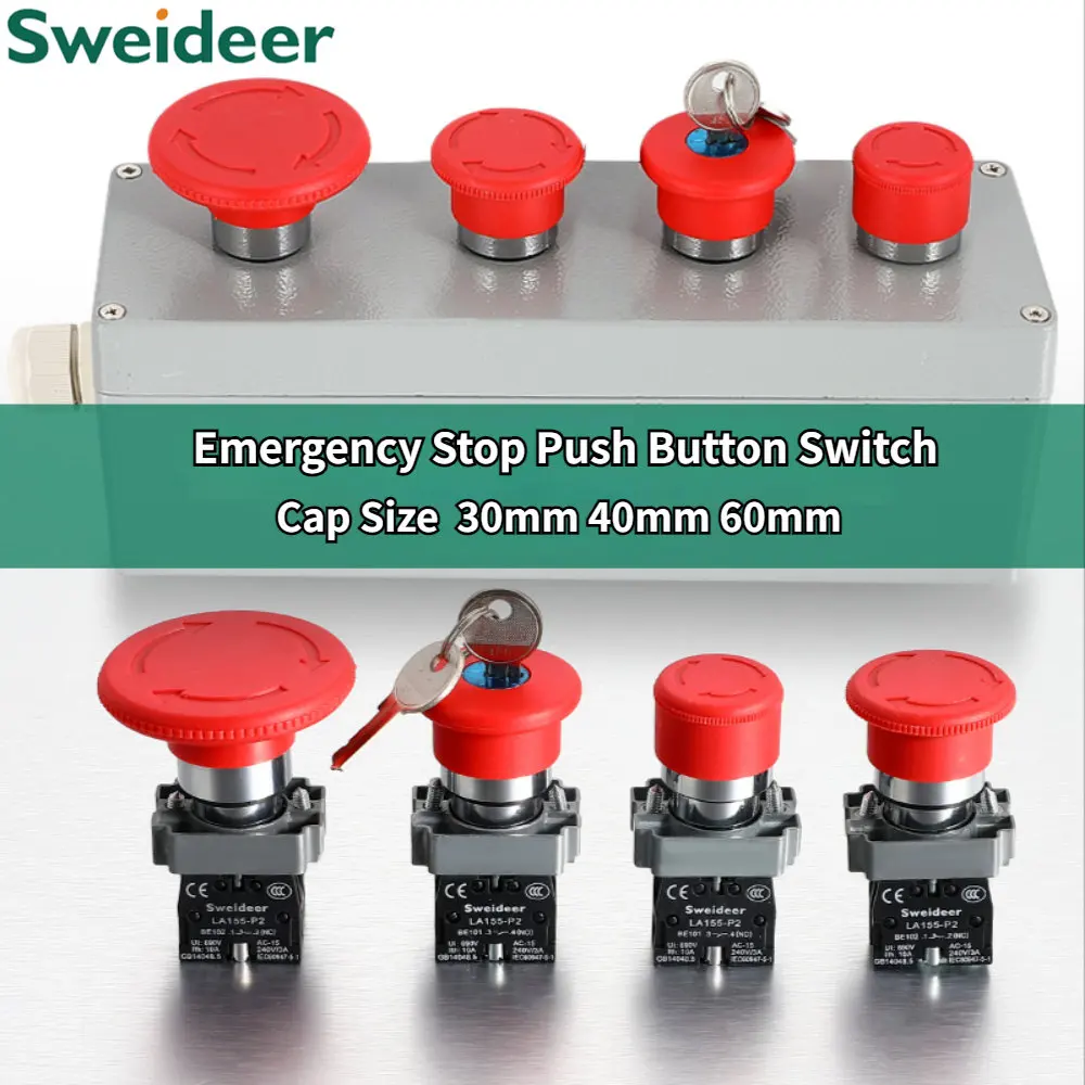 

220V 12V 24V Red Mushroom Cap Emergency Stop Button 22mm 16mm Push Button Switch Momentary Latching 690V10A Switch on Off Switch