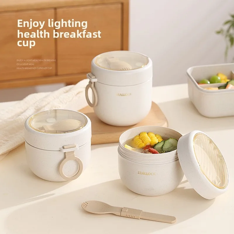 

600ml 304 Stainless Steel Thermal Breakfast Cup with Spoon Fork, Portable Lunch Box for Office School Oatmeal Yogurt