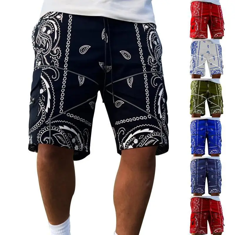 Men\'s cashew flower shorts baggy high street multi-pocket Casual beach pants men\'s straight leg cargo shorts Joggers Gym shorts