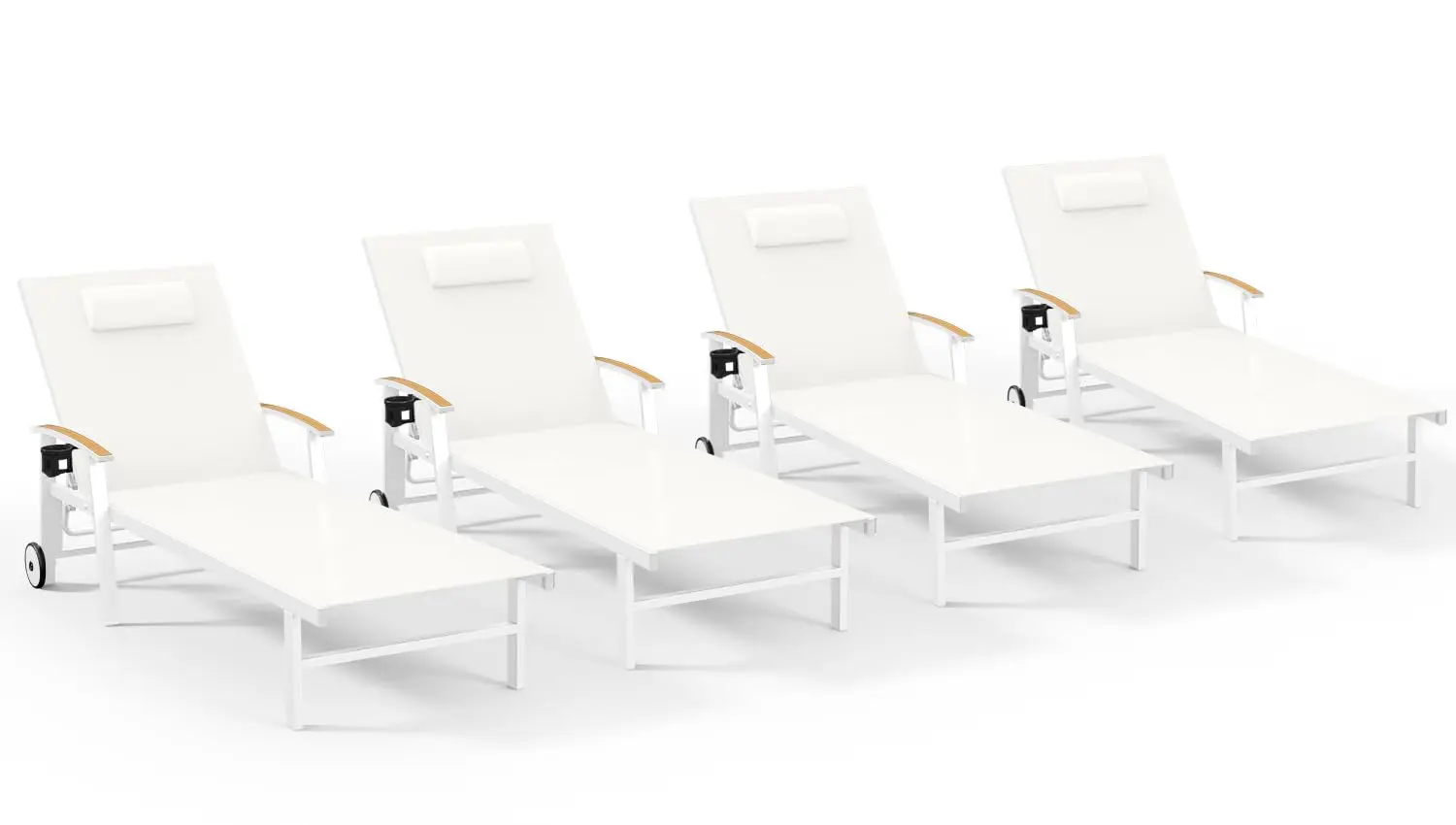 5-Position Lounge Chair Set 4 Pillow, Heavy Duty Aluminum Chaise Wheels Armrests 400 lbs, Poolside Beach Deck, White, Customized