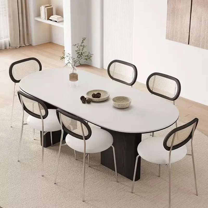 

Solid wood peninsula platform rock slab dining table and chair combination household small apartment modern simple oval medieval