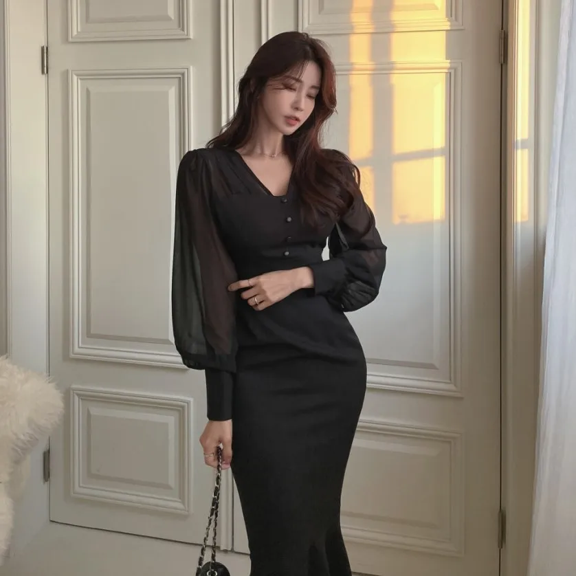 2023 Korean Office Lady Dress Black Mesh Bubble Sleeve Slim Mermaid Dress OL Temperament Dress Elegant White Gentle Long Dress