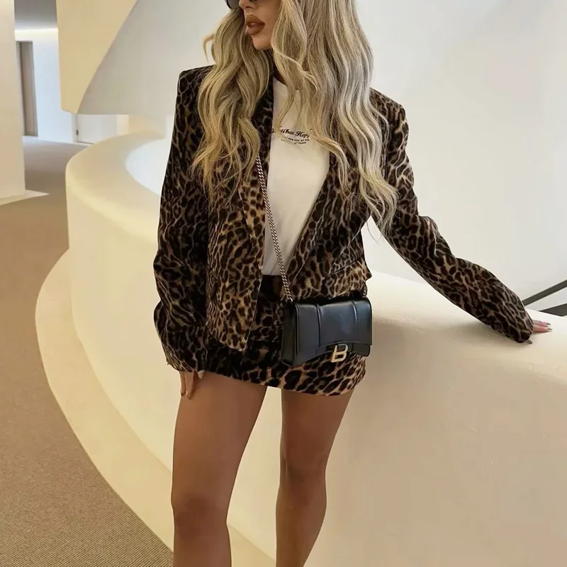 TRAF Leopard Skirt Sets For Women 2 Pieces Outfit Long Sleeve Blazer Outerwear Mid Waist Mini Skirt Elegant Velvet Lady Suits