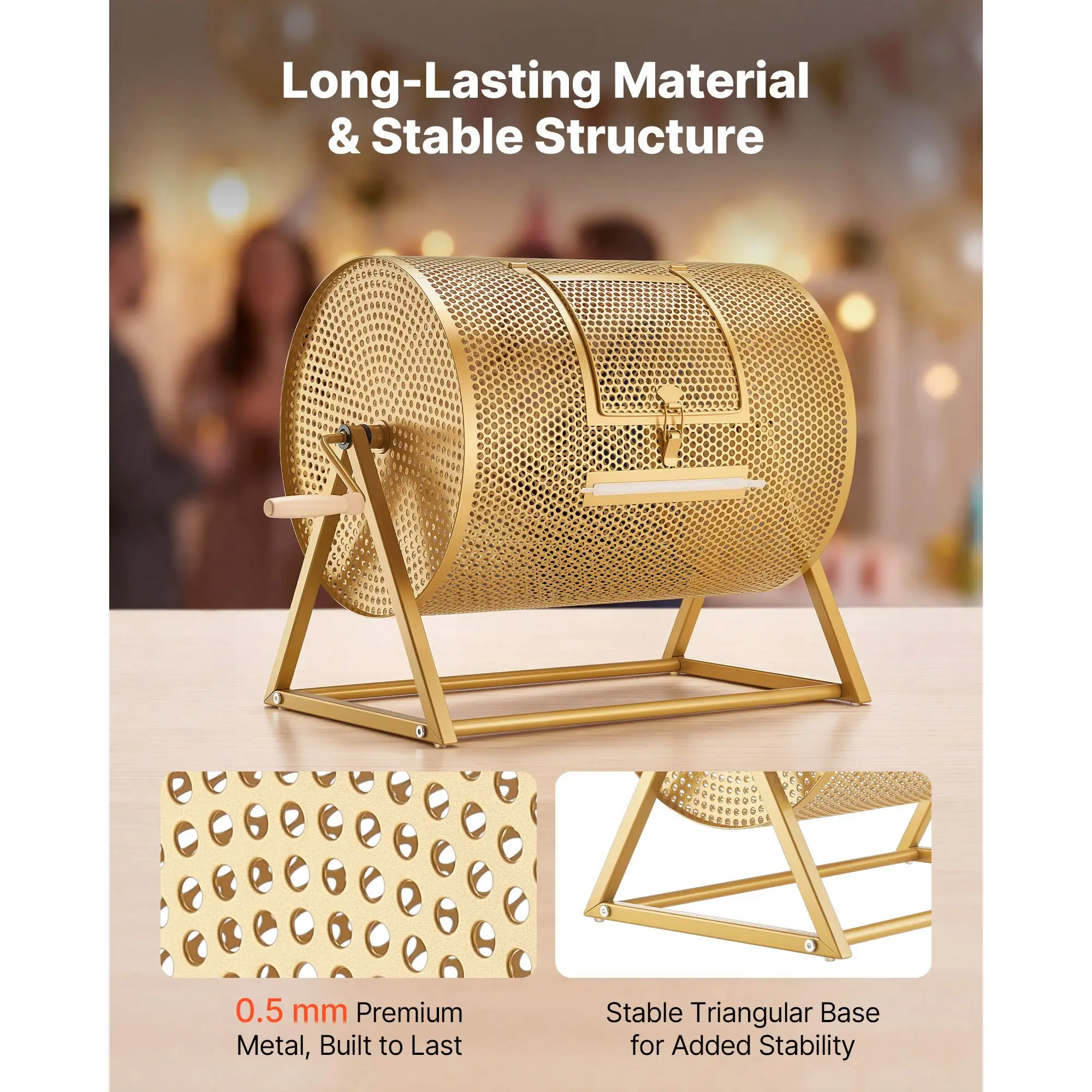 

Raffle Ticket Spinner, 16.1" x 11.9" Holds 5000 Tickets or 200 Ping Pong Balls, Raffle Drum Lottery Spinning Cage with Reinforced Handle, Stable Triangular Stand, for Events and Gatherings, Gold