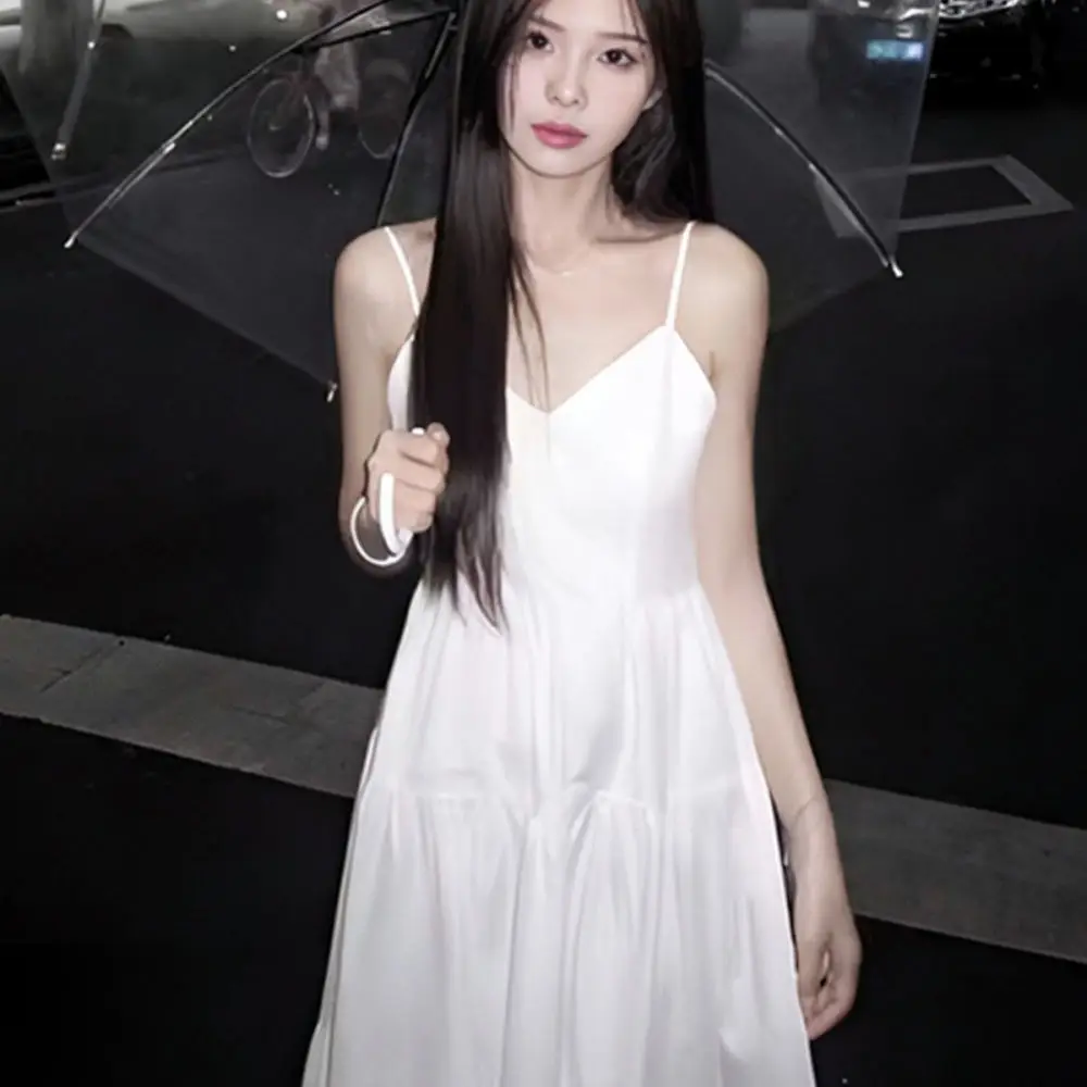 Summer French Style White Maxi Dress Women V Neck Sleeveless Slim Waist Elegant Romantic Casual Breathable Vacation Apparel