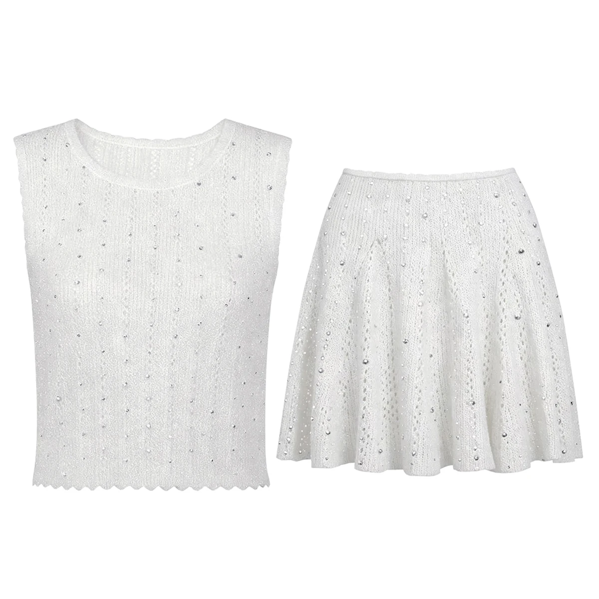Street Trend Set 2026 Summer New Style Women's Fashion Hot Diamond Sleeveless Top Knitted Shirt Tank Top+A-line Short Skirt Set