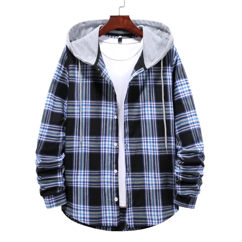 Casual Plaid Hooded Shirts Oversized Men\'S Clothes European American Style Handsome Holiday Checked Outwear Splicing Hoodie