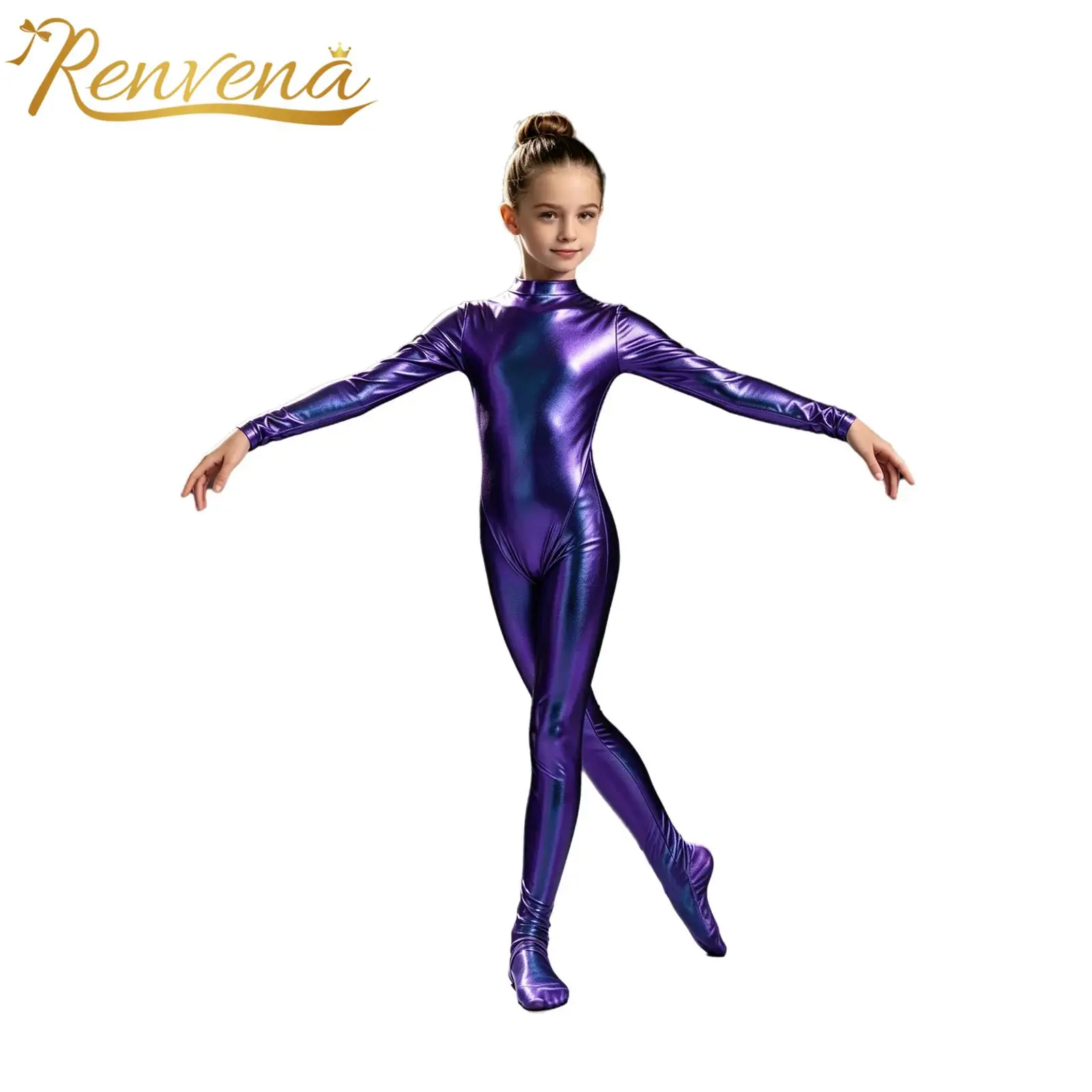 Kids Girls Metallic Dance Unitard Long Sleeve Bodysuit Children's Footed Jumpsuit for Gymnastics Performance Costume Jumpsuits