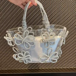 Borsa a secchiello per l'acqua con papillon di diamanti caldi trasparenti in gelatina di PVC avanzata fatta a mano con cesto di verdure Set di fiori borsa brillante