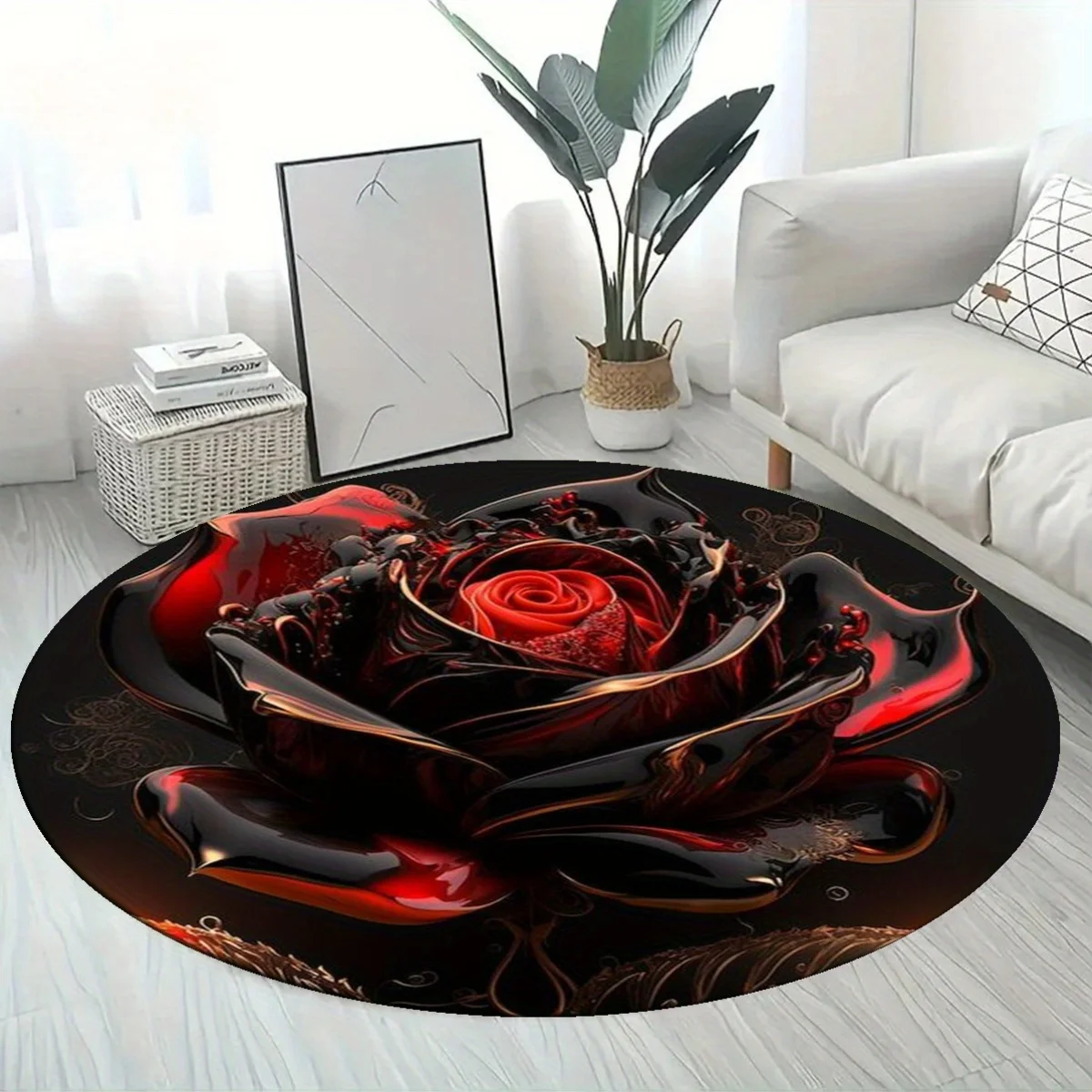Red Rose Art Round Rug Flannel Printed Carpet Romantic Theme Home Decor Cozy Soft Floor Mat Living Room Indoor Use