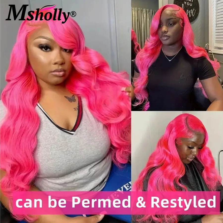 Hot Pink Bone Straight Wig 100% Human Hair Colored 13x6 Lace Frontal Wigs For Women 180% Density Pre Plucked Brazilian Remy Wigs