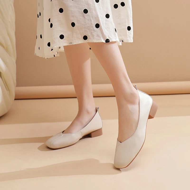 Taoffen Low Heel Pumps Genuine Cow Leather Square Toe Chunky Heel Soft Office Lady Work Shoes Elegant Slip On Casual Flat Shoes