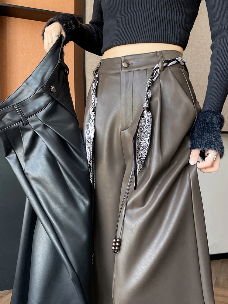 

Женские брюки из искусственной кожи с высокой талией, широкие, прямые, в пол, повседневные, осенне-зимние, новые, с эффектом похудения