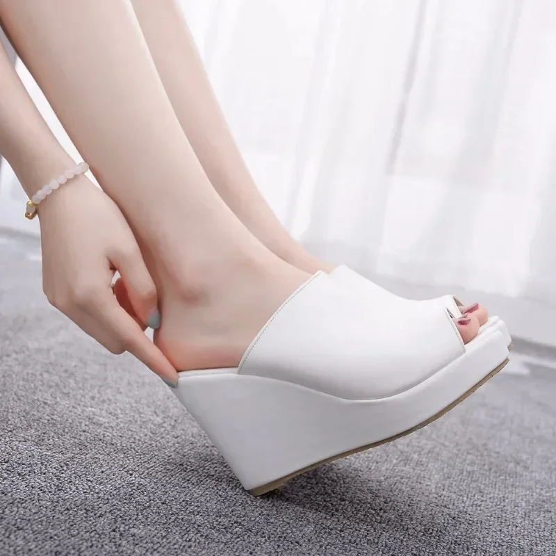 High Heels For Women Sandals Peep Toe Platform Slip On PU 10CM Wedges Leisure Dress Sandals Women Shoes White Slippers