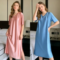 MJINM Women Silky Oil Smooth Long Dresses V-Neck Short Sleeve Comfortable Beach Casual Glossy Loose Housewear Pajamas Nightdress