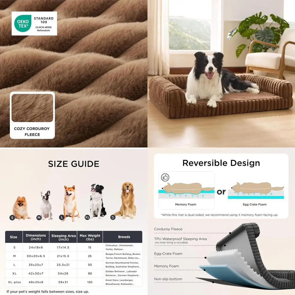 

Large Orthopedic Dog Bed with Waterproof Memory Foam, Side Support, Non-Slip Base, and Removable Washable Cover in Brown