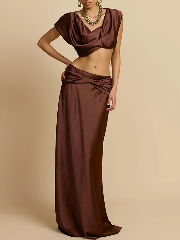 

Новинка 2026 Летний атласный тонкий пляжный костюм Элегантный женский коктейльный наряд Повседневный топ с круглым вырезом и короткими рукавами + длинная юбка Комплект из двух предметов