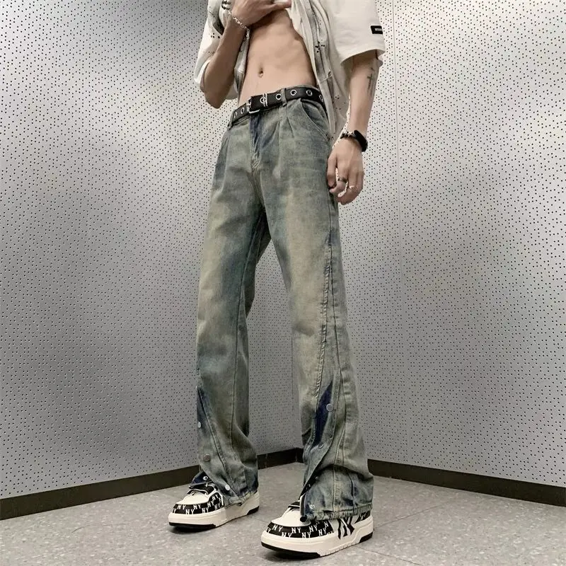 

High Street Vibe Denim Jeans Men's Women's American Bla Button Split Flared Pants Slim Straight Micro Flare Long Trousers