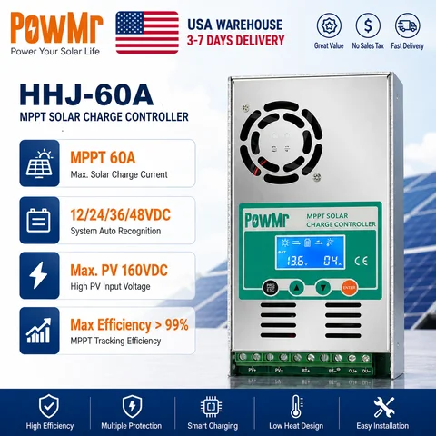 PowMr USA MPPT 60A Solar Charge Controller Auto 12V 24V 36V 48V for Sealed Gel Lithium Lead Acid Battery PV 20-160V DC Input Max 2800W Solar Panel Multi-Protection Intelligent Regulator for Home Outdoor Off Grid Solar Power System