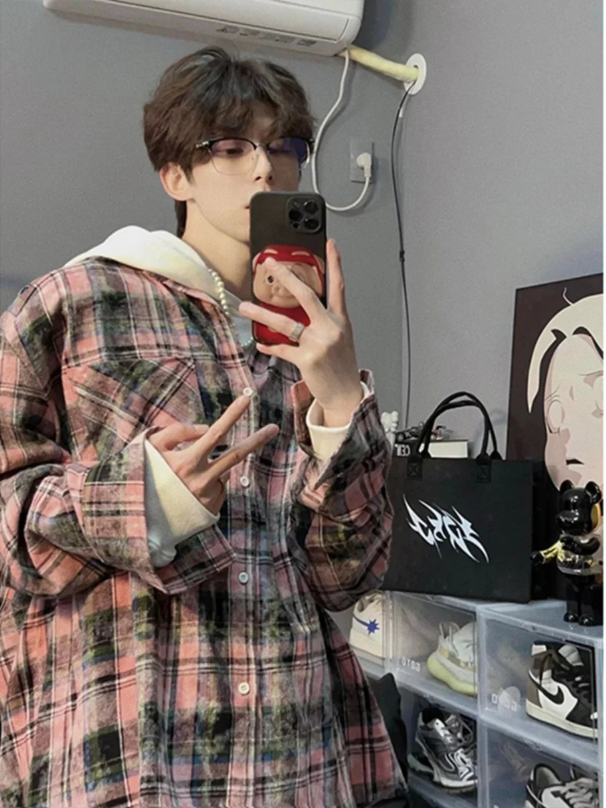 Men's Plaid Shirt Long Sleeve Tie Dye Checkered Cleanfit Jacket American Retro Style Spring Summer Fashion Streetwear