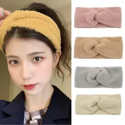 Lamb Wool Knitted Hairbands Cashmere Cross Headbands Wide Warm Twist Stretch Ear Warmer Turbans Fluffy Hair Accesssories