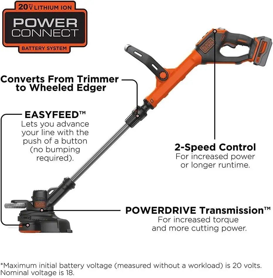 20V Cordless String Trimmer and Edger for Lawn, with 12 Inch Cutting Width and 2 Speed Control, Included Battery and Charger