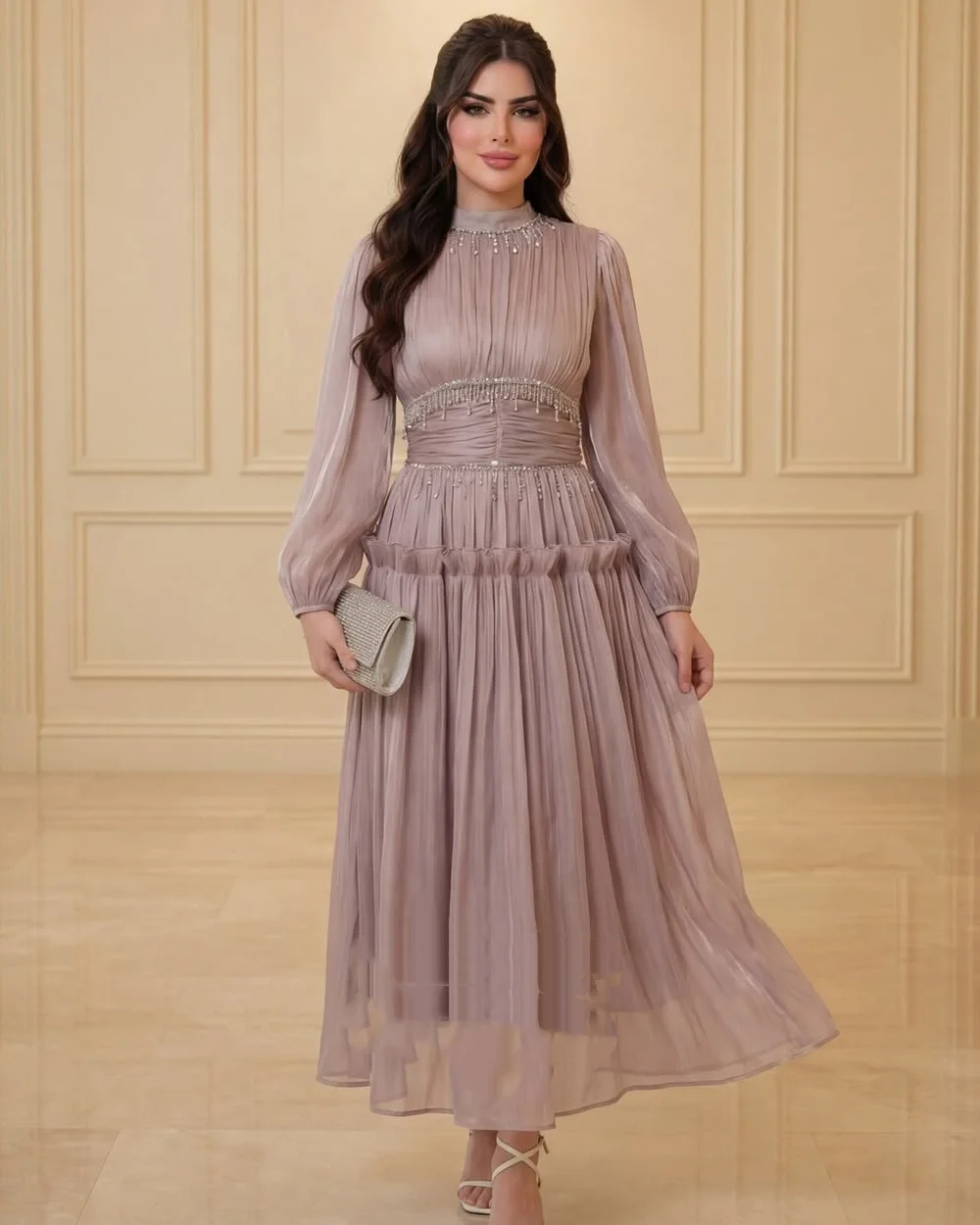 

Customized Chiffon Women Chiffon Beading Ruched A-line Evening Dresses Elegant High Collar Long Sleeves Ankle Length Dresses