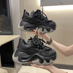 Black Platform Women's Sneakers 2024 Spring Lace-Up Thick Bottom Vulcanize Shoes Woman Pu Leather Breathable Sports Shoes Ladies