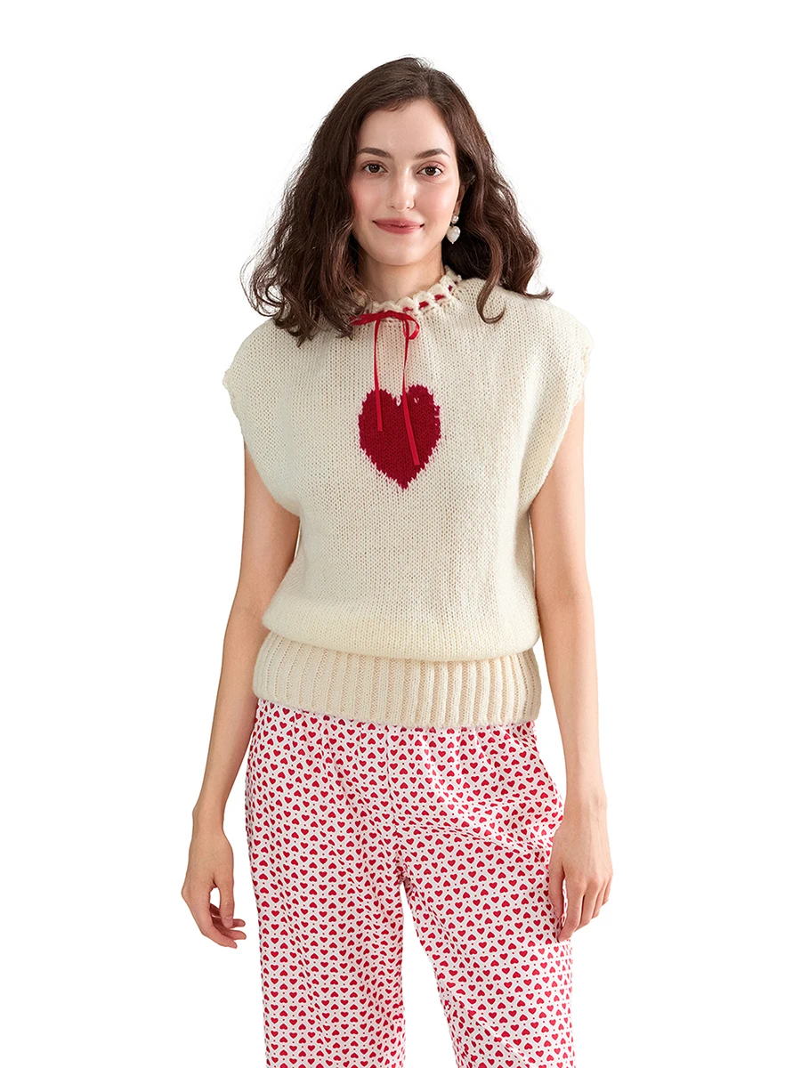 Women s Heart Knitted Tops Drawstring Satin Bow Ribbed Short Sleeve Round Neck Cute Sweater