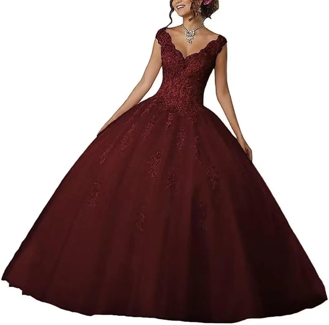 

Long Tulle Ball Gown Quinceanera Dress V-Neck Sweetheart Laces Appliques Prom Dress for Sweet 15 16 Girls