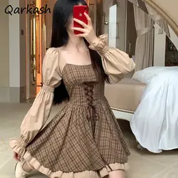 New Dresses Women Square Collar College High Waist Slim Korean Fashion Sweet Girl Patchwork Students Elegant Daily Casual Chic