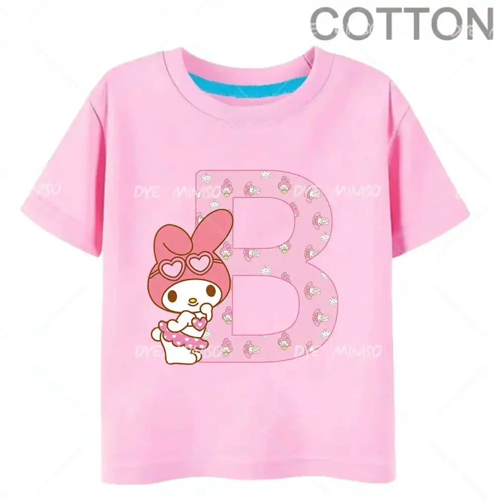 Pink My Melody Anime Letter ABCD Children's Short-sleeved Top Sanrio Summer Cotton T-shirt Girly Heart Soft Kawaii Birthday Gift