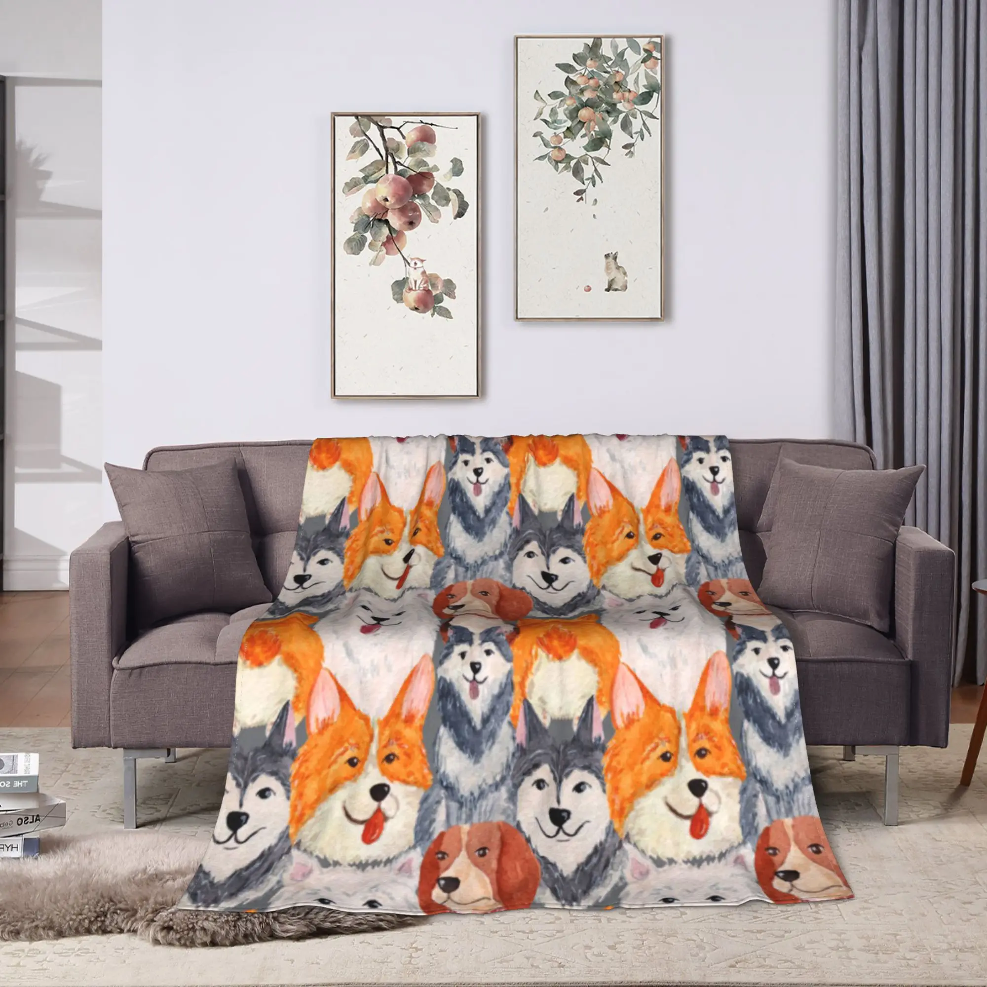 Watercolor With Various Dogs Samoyed Beagle Corgi Animal Blanket Soft Warm Plush Throw Blanket Flannel Bedspread Bed Cover