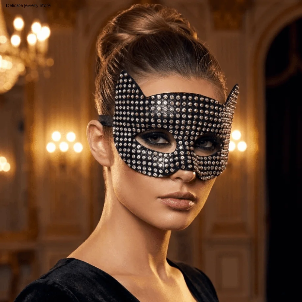 

Fashion Plastic Halloween Mask Rhinestone Sparkly Cat Ear Half Face Mask Shiny Lightweight Masquerade Eye Mask Wedding