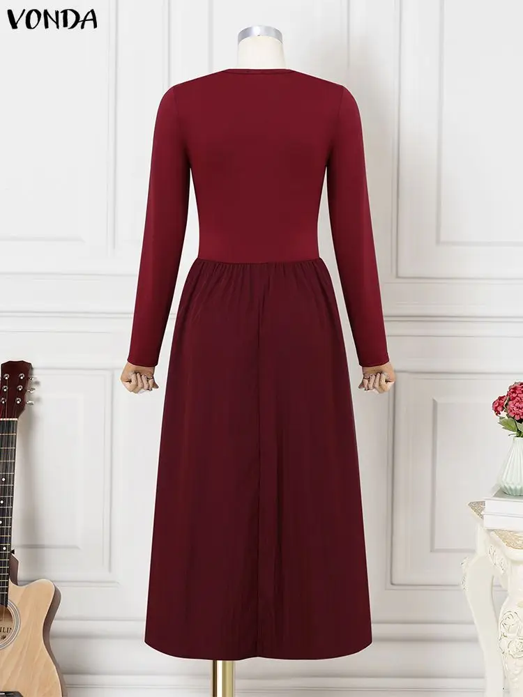 Fashion Vestisos VONDA Elegant Women Office Lady Long Dresses Autumn Long Sleeve Hollow Out Sexy 2025 Solid Patchwork Midi Robe