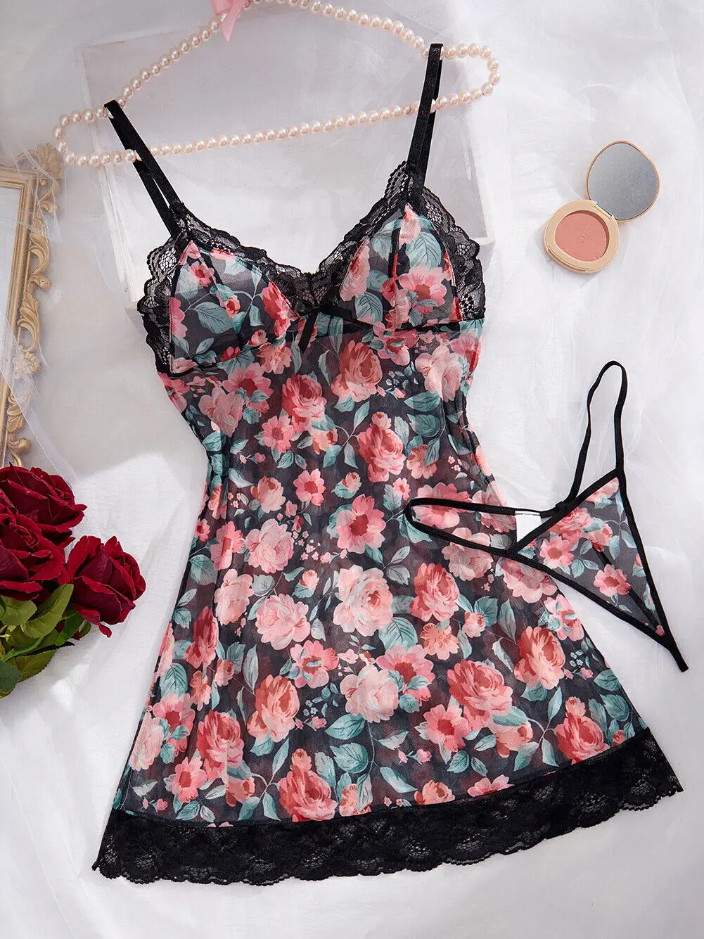 สตรีชุดชั้นในเซ็กซี่ Babydoll ชุดนอนดอกไม้ Rose พิมพ์ตาข่าย Nightdress V คอดูผ่านนุ่ม Chemise ชุดนอน G-String