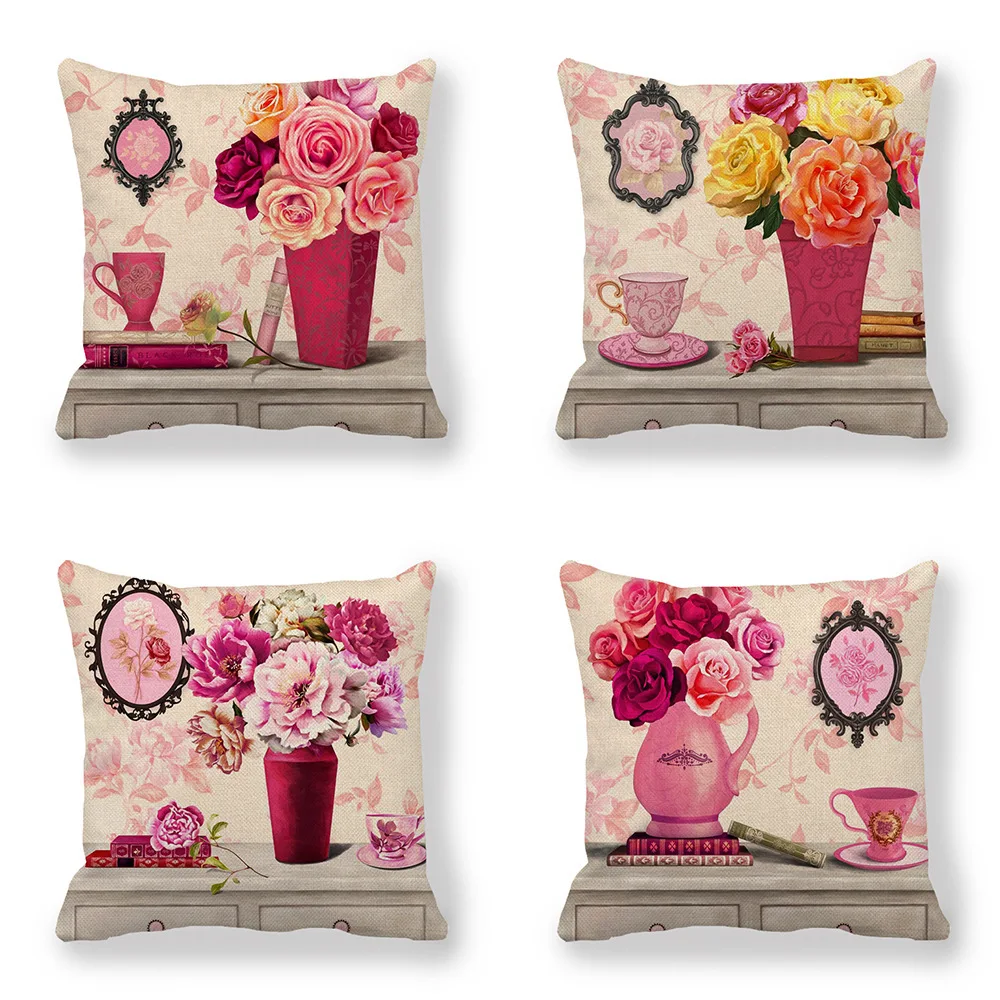 

Tea Flower Cotton Linen Pillowcases Red Rose Flower Pillows Case for Girls Room 45x45 Sofa Garden Chair Pillow Cover Home Decor