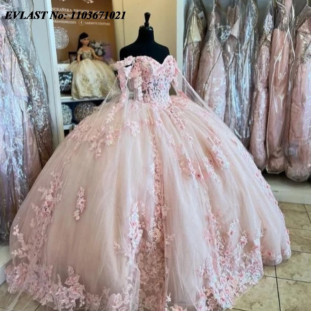 EVLAST Customized Pink Quinceanera Dress Ball Gown Lace Applique Beaded Mexico Corset Sweet 16 Vestidos De 15 Anos SQ752