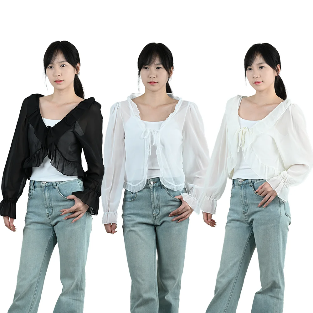 

New Women's Shirt Sun-Protective Icesilk Flared Sleeves Sexy Cardigan Summer Ladies Fashion Deep V-Tie Long-Sleeved shirt