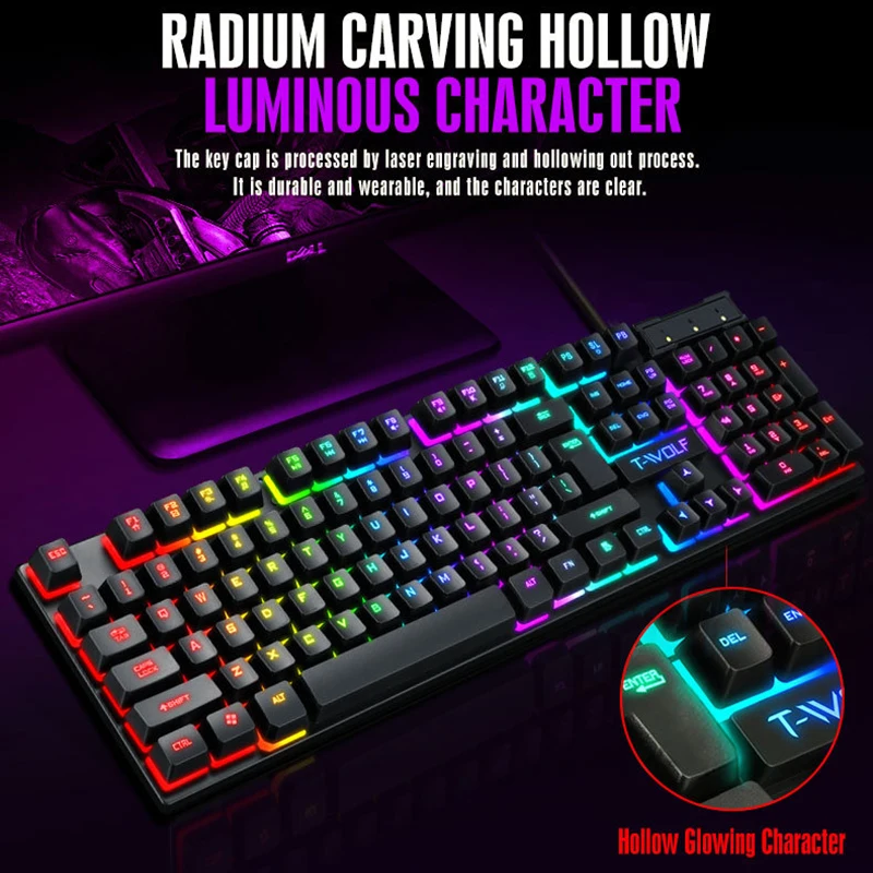 T-WOLF New Keyboard Mouse Kit TF200 Office USB Wired Luminous Keyboard and Mouse Set  Russian Keyboard