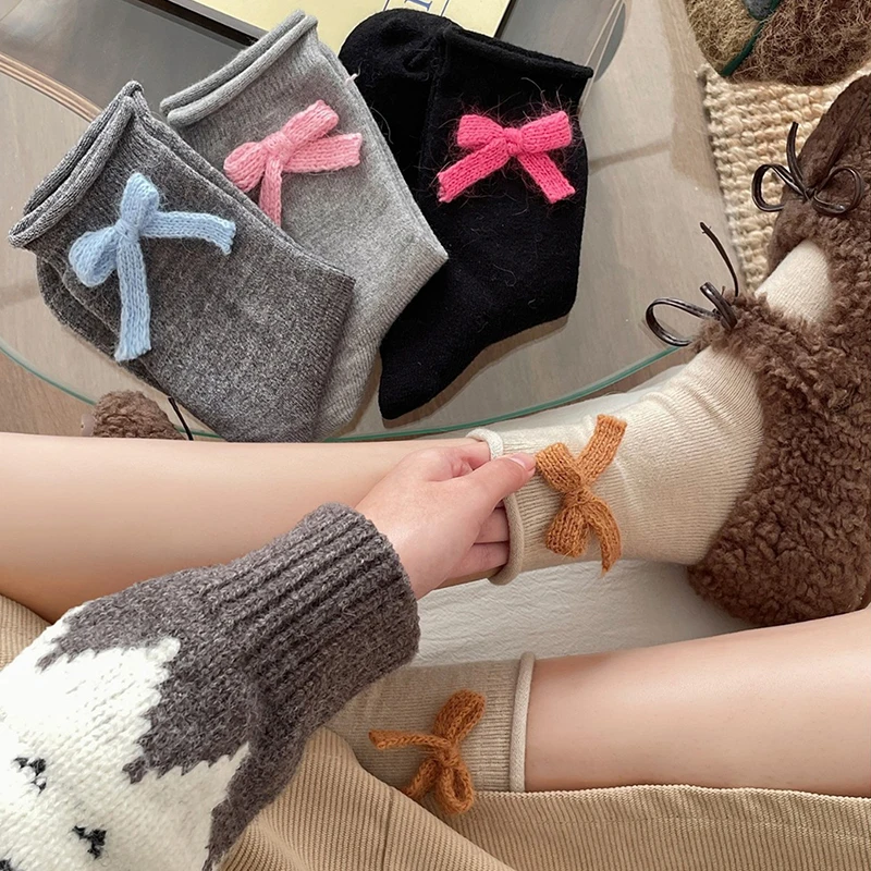 Simple Lovely Cozy Yarn Bow Socks Autumn Winter Hosiery Thickened Plush Warm Sleep Home Fluffy Socks