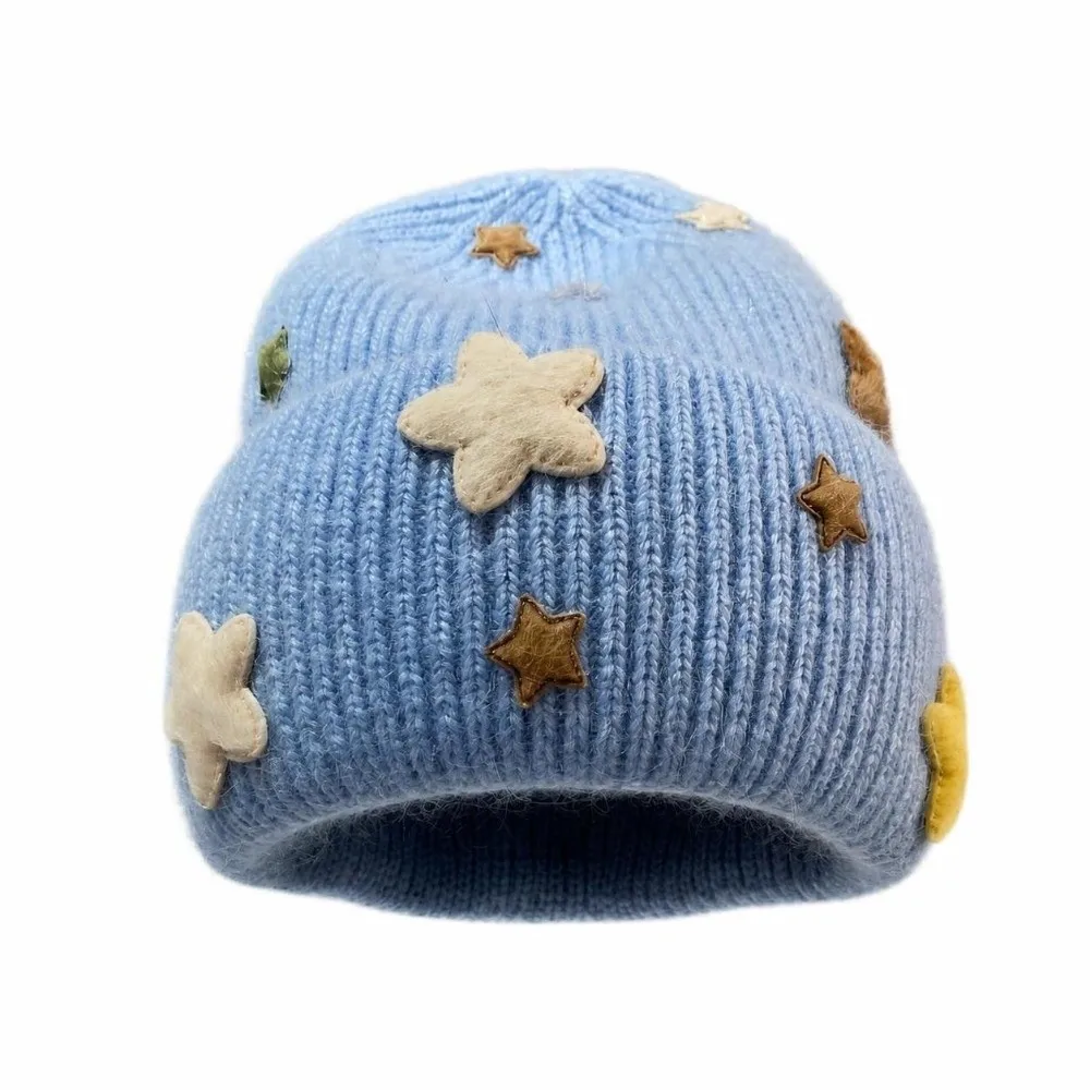 Soft 3D Star Knitted Beanie Hat Real Rabbit Fur Acrylic Blend Winter Skull Cap Thick Thermal Windproof Fuzzy Beanie For Women