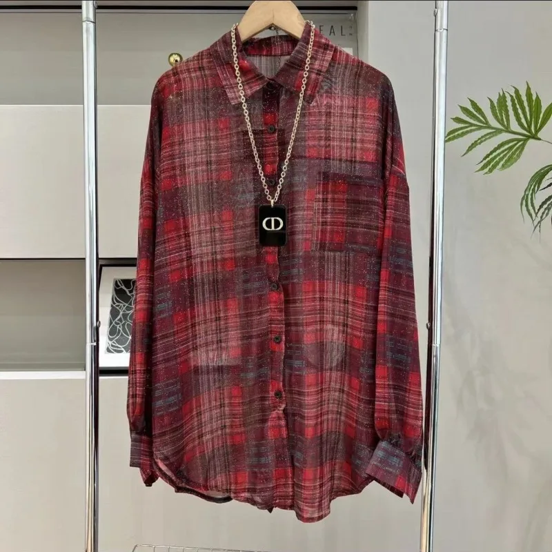 2024 Summer New Korean Fashion Commuter Polo Collar Blouses Pockets Long Sleeve Loose Leisure Midi Gingham Shirts Women's Tops