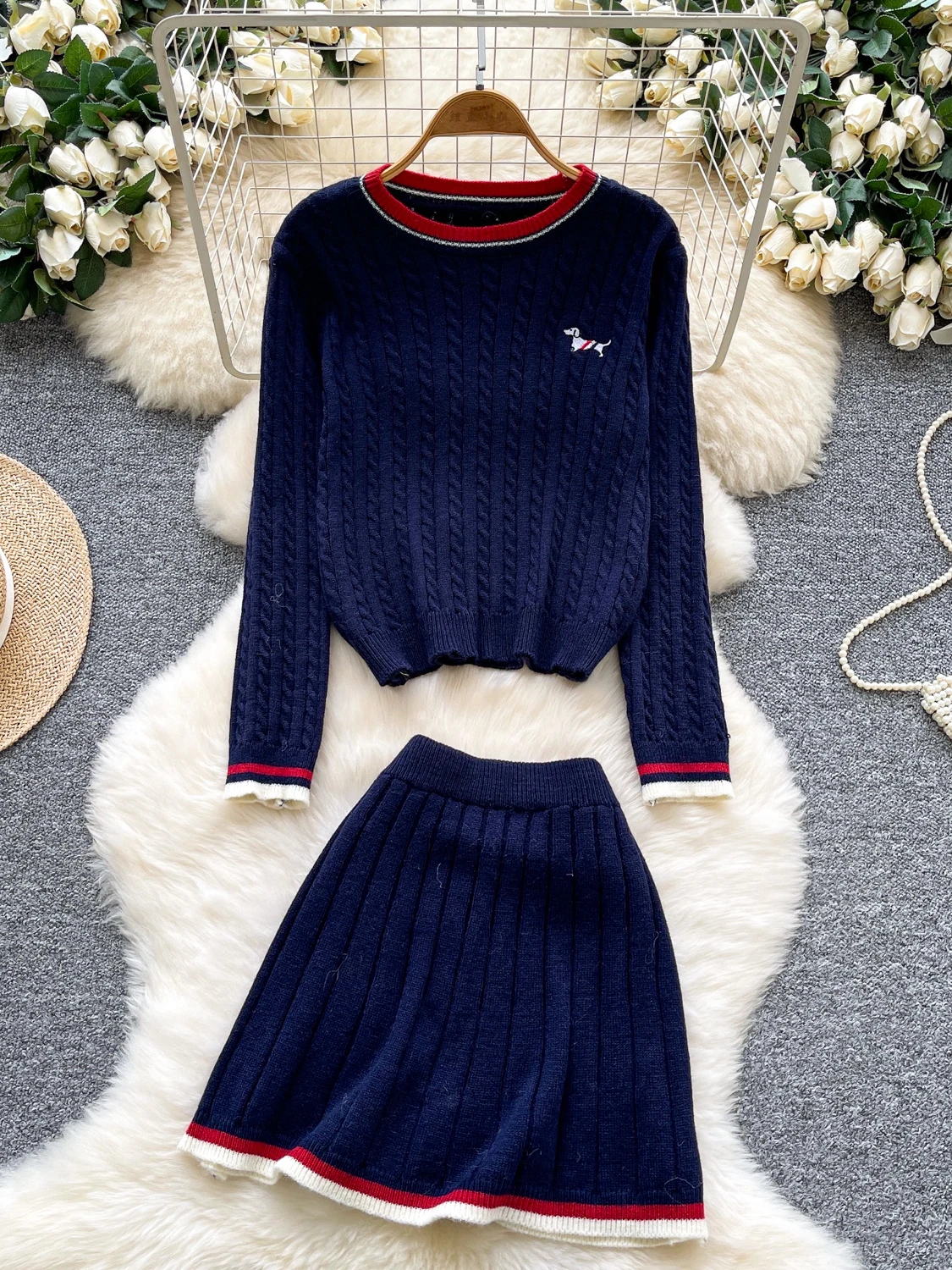Set Sweater Rajut Anti-Penuaan dengan Bordir, Rok Panjang Pinggang Tinggi, Model Bulat, Gaya Musim Gugur untuk...