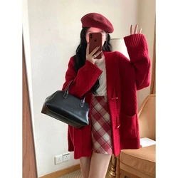 Red Knitting Cardigan Coat Women Autumn Winter Simplicity Loose Long Sleeve Sweater Office Lady All-match Fashion Knitwear Tops