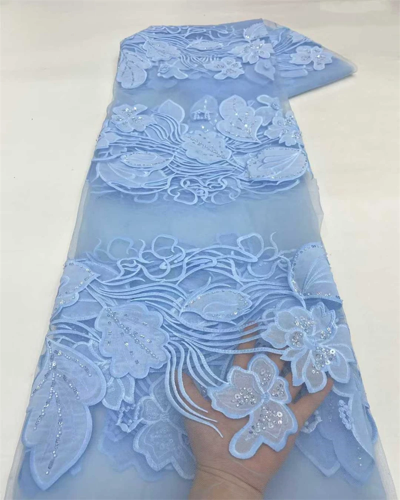 

Luxury Gold African Sequins Beaded Lace Fabric 5 Yards High Quality French Nigerian Net Lace for Party Wear